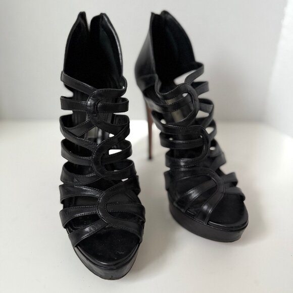 Prada Black Leather Strappy Platform Heels - Picture 1 of 7